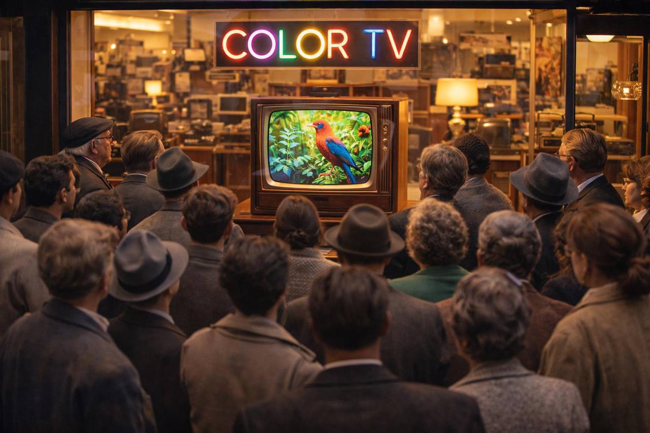 Illustration of the arrival of colour television